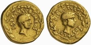 Aureu roman republican emis de Marcus Iunius Brutus .Pe avers este reprezentat strămoşul emitentului, Lucius Iunius Brutus  , cel care a alungat ultimul rege al Romei. Crawford. 506/1