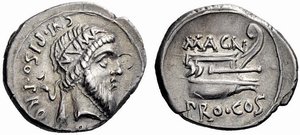 Denar roman republican emis de Pompeius Magnus . Pe avers regăsim  efigia lui Numa Pompilius purtnd diademă cu inscripţia NVMA. Crawford 446/1